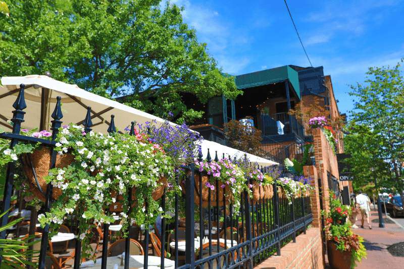patio at a commercial property with flowers